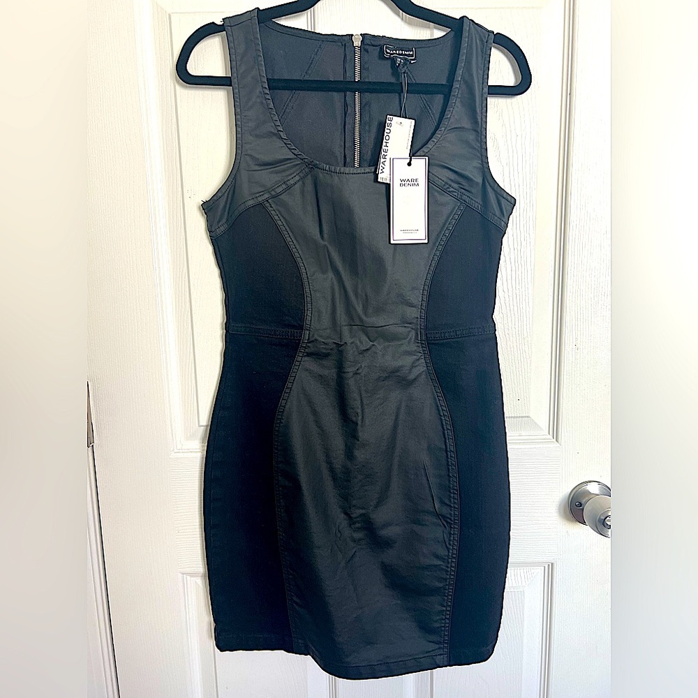 NWT Warehouse Denim Black Bodycon Coated Denim Dress